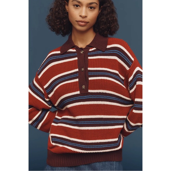 Damson Madder Sweaters - DAMSON MADDER Ilona Rugby Knit Sweater in Red Maroon Blue White Stripe Jumper